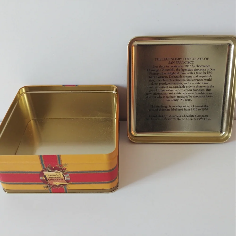 Vintage Ghirardelli's Chocolate Tin Square Gold Green Red 1993